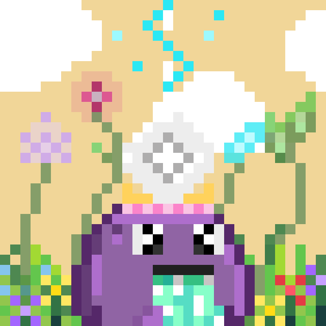 A pixel art scene featuring a purple character with a swirling steam cloud above its head, surrounded by pixelated flowers, grass, and a colorful digital landscape.