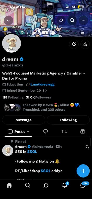 A screenshot of the Twitter/X profile page for user 'dream' (@dreamxdz), self-described as a 'Web3-Focused Marketing Agency', with a pinned post about $SOL.