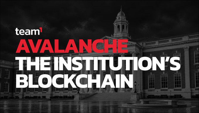 A dark monochrome graphic shows a grand government-style building with large overlaid text: “team AVALANCHE” and “THE INSTITUTION’S BLOCKCHAIN,” with “AVALANCHE” emphasized in red.