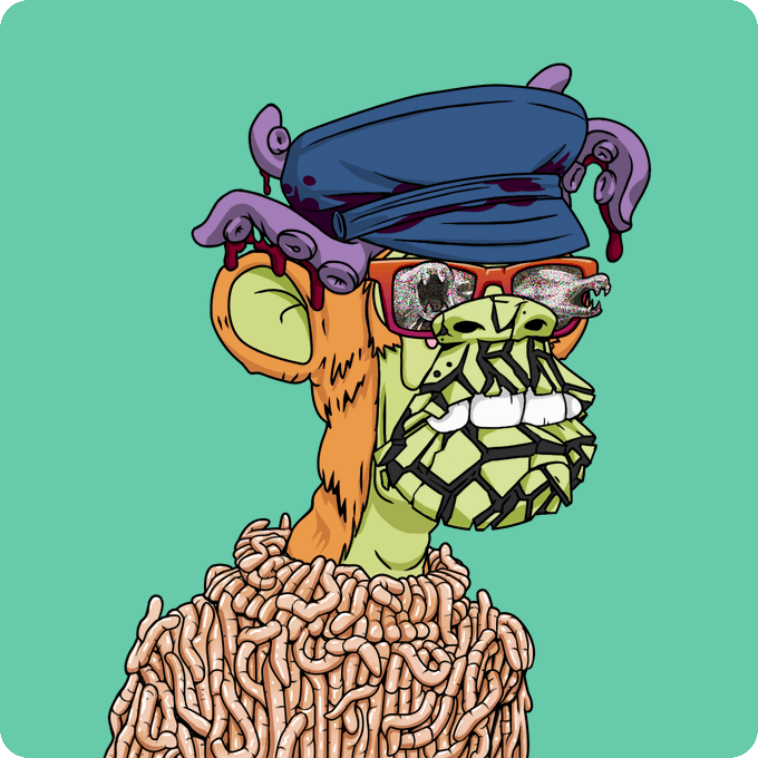A zombie-like monkey with cracked, greenish skin, bloody button eyes, and a purple beret wears a sweater made of tangled worms against a teal background.
