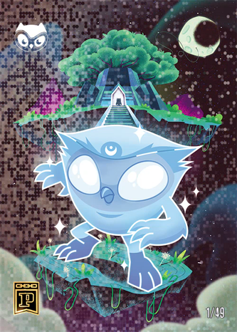 A whimsical illustration features a blue cartoon creature with three eyes standing on a floating platform, set against a starry background with a crescent moon, a small floating temple, and another creature peering in from the corner.