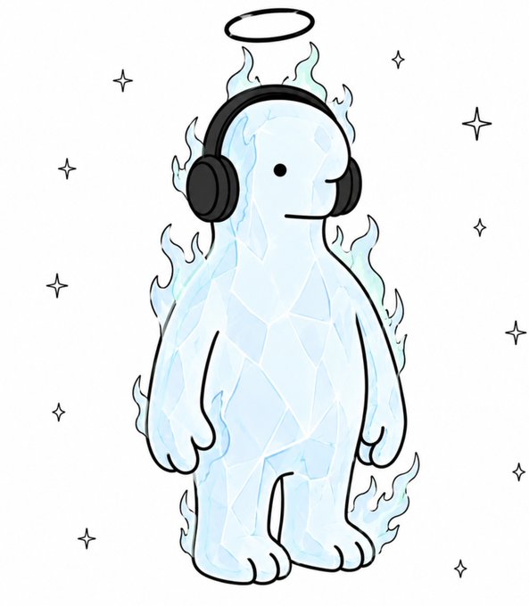 A cartoon illustration of an ice-like creature wearing headphones with a halo above its head and flames around its body.