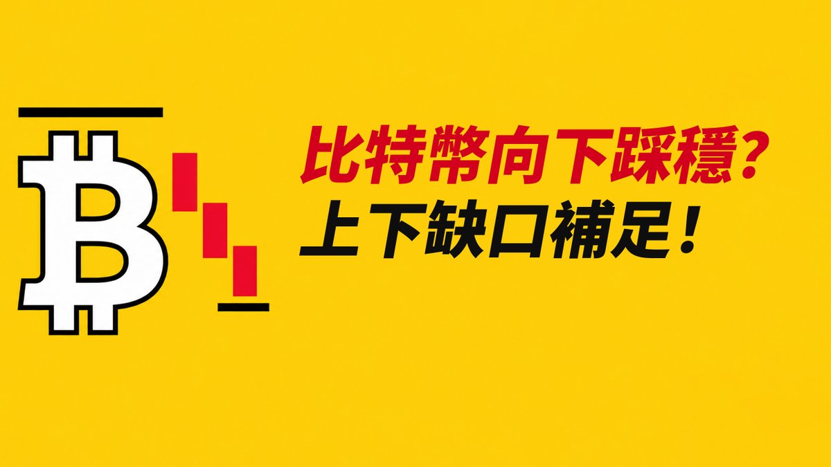 A yellow graphic featuring a Bitcoin logo with red descending bars and Chinese text '比特幣向下踩穩? 上下缺口補足!' translating to 'Is Bitcoin stabilizing downward? Top and bottom gaps filled!'