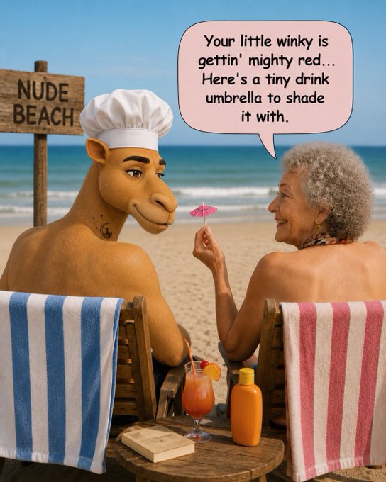 A humorous illustration shows a camel wearing a chef's hat sitting next to an elderly woman at a beach near a 'NUDE BEACH' sign, with the woman saying: 'Your little winky is gettin' mighty red... Here's a tiny drink umbrella to shade it with.'