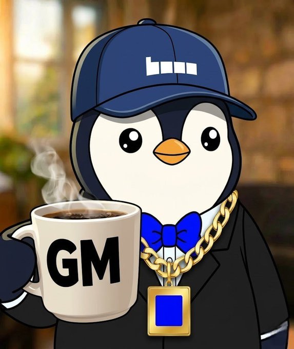 A cartoon penguin wearing a blue cap, blue bow tie, black suit, and gold chain holds a steaming mug labeled "GM," matching the "gm future millionaires" weekend greeting in the post.