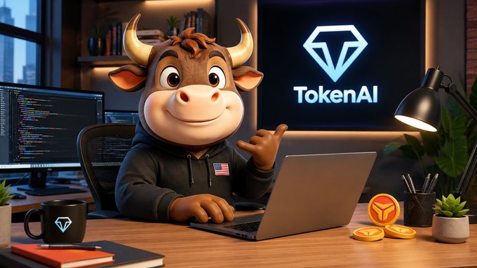 The image features a cartoon bull sitting at a desk with a laptop computer, surrounded by various objects such as books, cups, and potted plants. The bull appears to be smiling while using the laptop, suggesting that he might be working on something or enjoying his time browsing the internet. In the background, there is a TV screen displaying the words "TokenAi", which indicates that this scene takes place in an office environment where people are likely discussing and engaging with cryptocurrency-related activities. The presence of multiple books also suggests that the bull may have access to various resources or knowledge about cryptocurrencies while working at his desk.