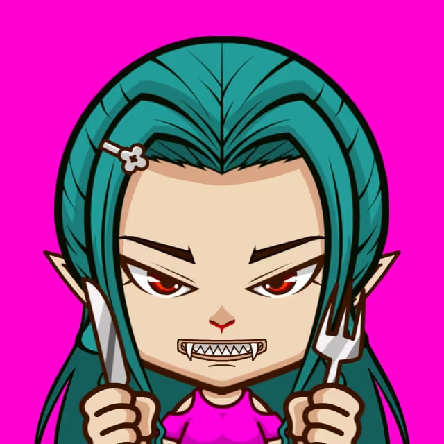 A chibi-style cartoon character with long teal hair, pointed elf ears, red eyes, fangs, holding a knife and fork, wearing a pink outfit, against a bright pink background.