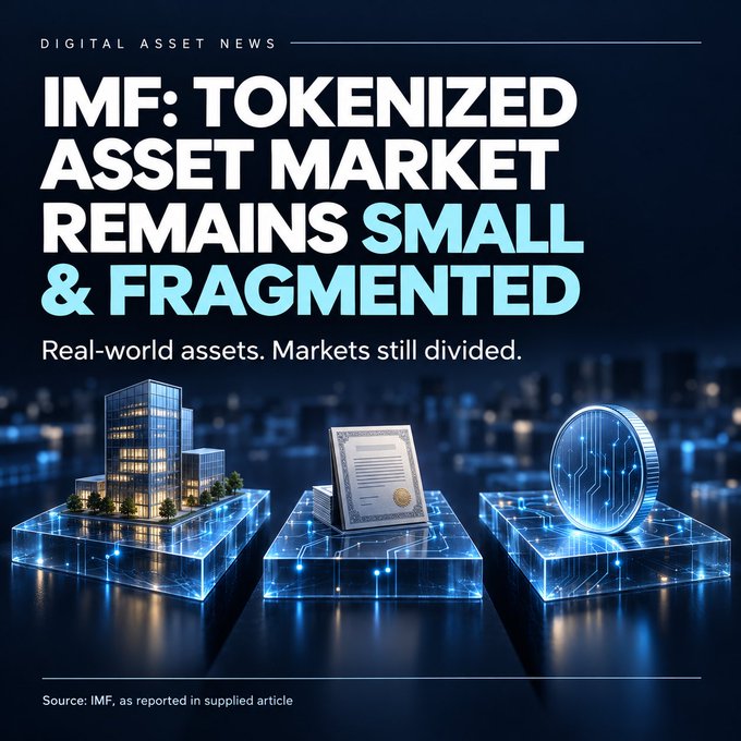A digital asset news graphic titled 'IMF: TOKENIZED ASSET MARKET REMAINS SMALL & FRAGMENTED' with subtitle 'Real-world assets. Markets still divided.' Source: IMF, as reported in supplied article.