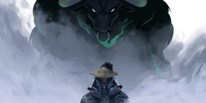 A stoic figure in a straw hat and dark robe sits calmly before a massive, menacing black bull with glowing green eyes emerging from billowing mist. The image symbolizes quiet confidence and bold presence, complementing the post's call to action of saying "gm" and dropping wallets for an easy crypto stimulus.
