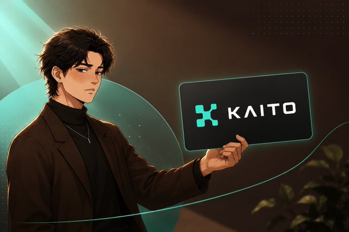 An anime-style illustration shows a dark-haired man in a black turtleneck and blazer holding up a dark card displaying the "KAITO" logo with its teal butterfly symbol. The image visually aligns with the post's announcement of Kaito 2.0's launch and its new shifts away from "yaps" toward real-influence metrics and upfront project deposits.