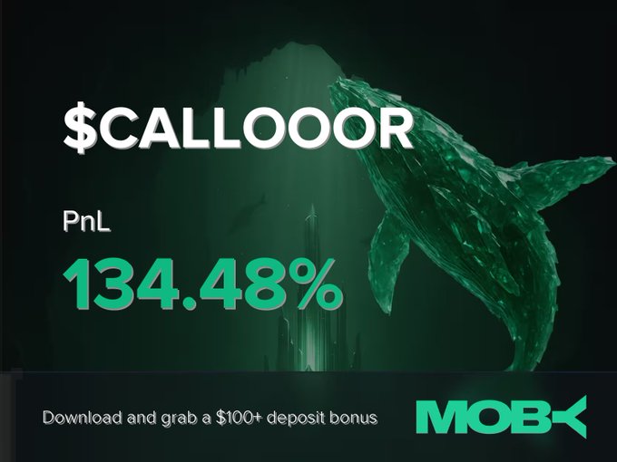 A Moby Mobile promotional graphic features a green whale design alongside bold text highlighting a trader win on the $CALLOOOR token, showcasing a PnL of 134.48% and promoting a $100+ deposit bonus. The dark underwater-themed image visually emphasizes the substantial gains achieved on this trending meme coin.