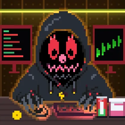A pixel art illustration of a menacing figure in a dark hooded robe with a skull-like face, sitting at a desk with computer monitors displaying code and a rising stock chart.