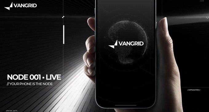A promotional graphic for VanGrid features a hand holding a smartphone displaying the VanGrid logo over a globe, with text reading 'NODE 001 · LIVE' and '// YOUR PHONE IS THE NODE'.