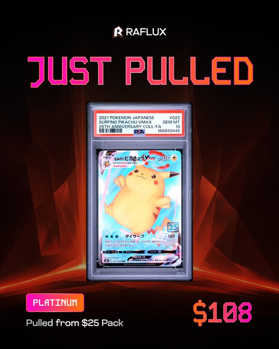 A graded PSA 10 Pokemon card featuring Surfing Pikachu VMAX from the 2021 Japanese set is displayed with "JUST PULLED" text and a $108 price tag from RAFLUX.