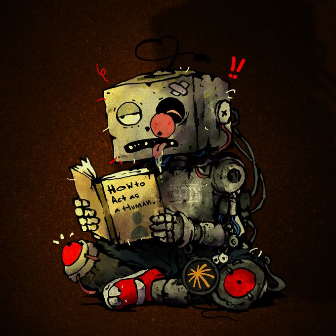 A cartoon-style illustration depicts a small robot with a red clown nose reading a book titled "How to Act as a Human."