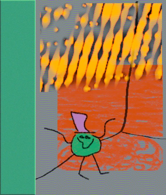 The image features a cartoon drawing of a green frog with a purple hat, standing on one leg. The frog appears to be dancing or jumping around, adding a playful element to the scene. The background consists of orange lines that create an abstract pattern, which contrasts with the green frog and purple hat. The post also includes text such as "ATL #tezos" and "#vibe", possibly indicating the artist's inspiration or the medium used for creating this artwork.
