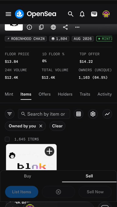 An OpenSea NFT collection page showing 'ROBINHOOD CHAIN' statistics including a floor price of $13.84, 24H volume of $12.4K, and 1,645 items.