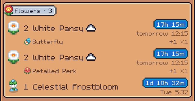 Pixel art game interface showing 'Flowers · 3' inventory with 2 White Pansy (requiring Butterfly perk), 2 White Pansy (requiring Petalled Perk), and 1 Celestial Frostbloom.
