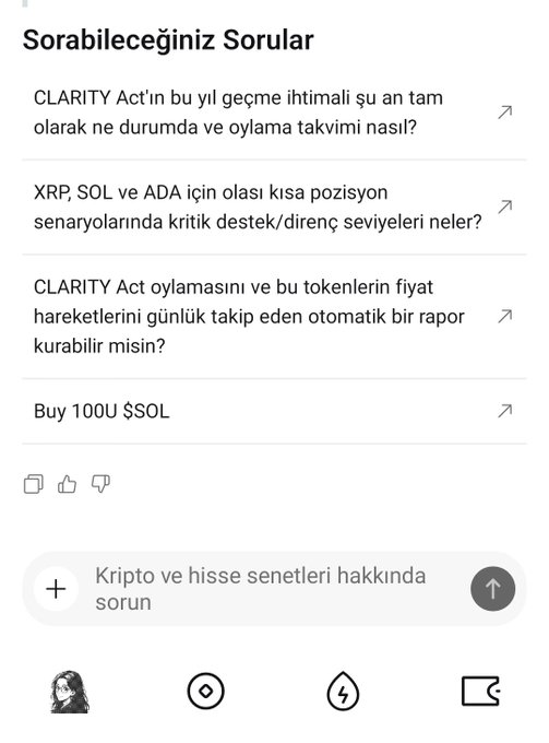 A screenshot of a chat interface with Turkish text, showing suggested questions about the CLARITY Act and cryptocurrency tokens like XRP, SOL, and ADA.