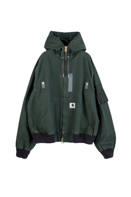 An olive green hooded jacket featuring a full front zipper, kangaroo pocket, chest utility pocket, and a small Carhartt logo patch on the front.