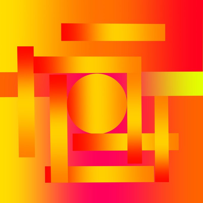 An abstract digital artwork featuring overlapping geometric shapes in warm gradients of red, orange, and yellow.