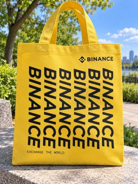 A bright yellow tote bag with the Binance logo features the word 'BINANCE' repeated multiple times in black text, with 'EXCHANGE THE WORLD' printed at the bottom, sitting outdoors on a stone surface.