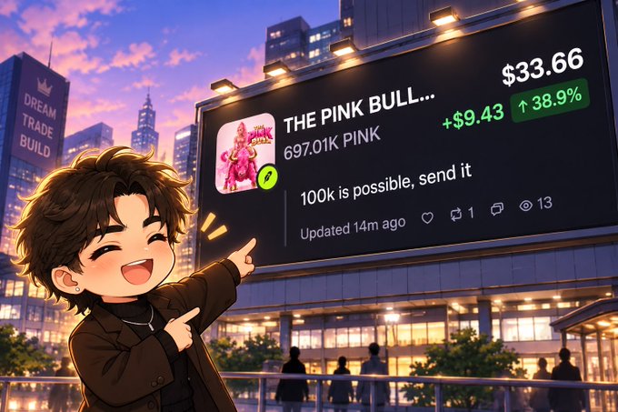 An anime-style illustration of a boy pointing at a large billboard displaying crypto market data for 'THE PINK BULL...' showing a price of $33.66, a 38.9% increase, and text reading '100k is possible, send it'.