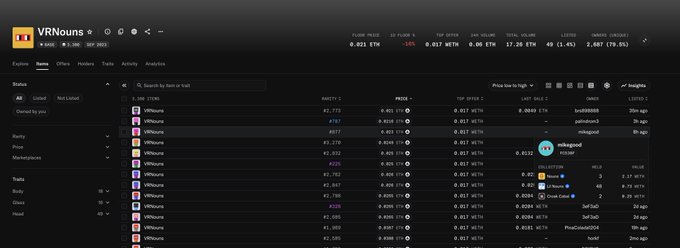 A screenshot of Nouns DAO's subDAO "VRNouns" page showing that user "mikeogod" (tied to wallet 0x55) owns 2 listed VRNouns at 49.1473 ETH each, with a tooltip revealing the wallet holds 3 Nouns and 50 LilNouns—confirming the post's claim that he has listed 2 VRNouns on OpenSea despite his extensive Nouns ecosystem holdings.