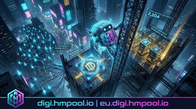 A futuristic cyberpunk cityscape features a glowing Bitcoin-like emblem with a "B" symbol, surrounded by blockchain data streams and a metallic robot, while text overlays read "2,204 BLOCKS SECURED" and "ACTIVE NODES / 2 / MINING UNITS," with branding at the bottom for "digi.hmpool.io | eu.digi.hmpool.io." The image visually reinforces the post's message about $DGB momentum and the DigiDollar MainNet launch by depicting a thriving, high-tech mining network.
