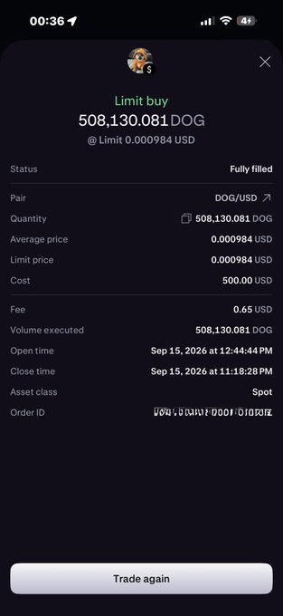 A mobile screenshot shows a completed "Limit buy" order for 508,130,081 DOG at 0.000984 USD per unit, with status marked "Fully fulfilled".