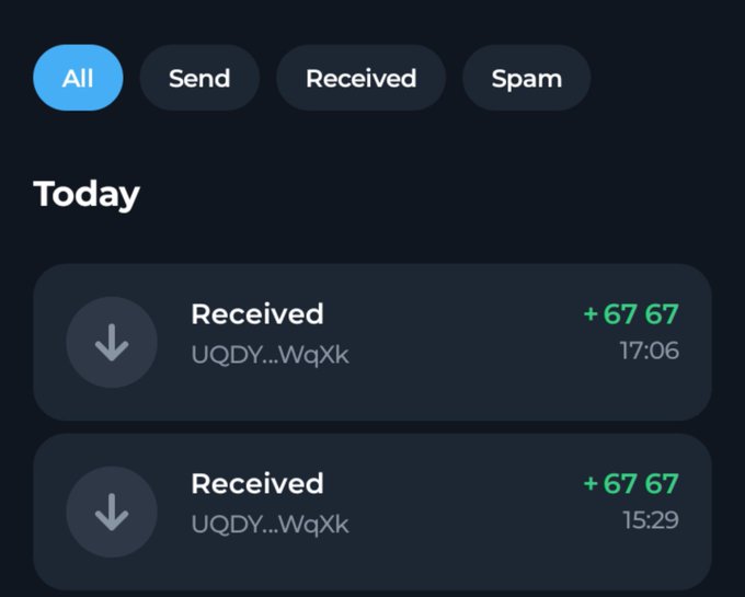 A cryptocurrency wallet interface shows two recent 'Received' transactions of '+67 67' at 17:06 and 15:29.