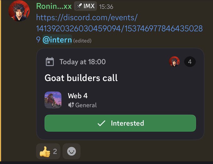 A Discord message from user "Ronin...xx" sharing a link to a Discord event titled "Goat builders call" scheduled for today at 18:00.