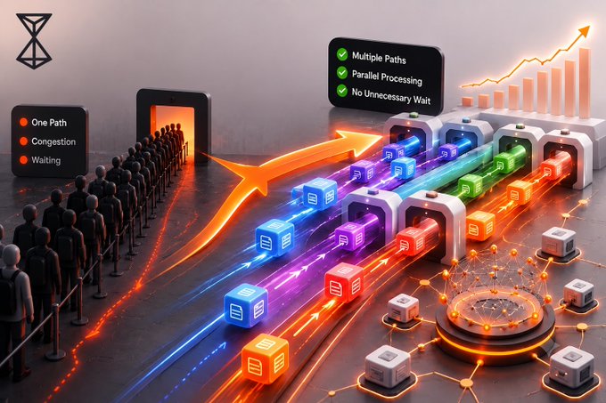 A conceptual 3D illustration contrasting 'One Path, Congestion, Waiting' (a line of people) with 'Multiple Paths, Parallel Processing, No Unnecessary Wait' (colorful glowing data streams).