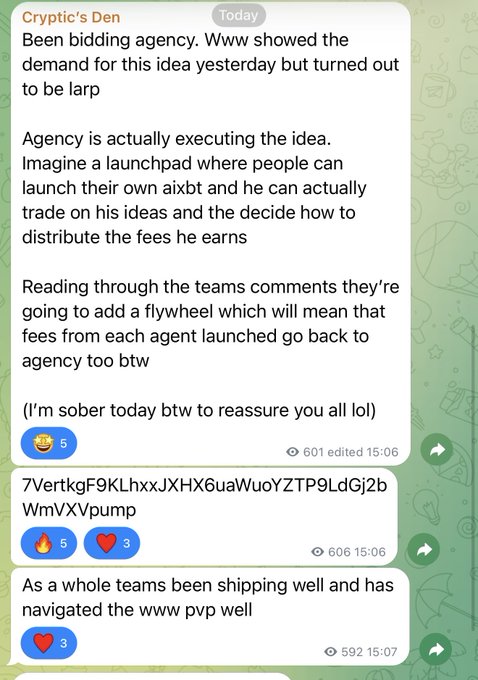 A Telegram message from "Cryptic's Den" discusses a new bidding agency concept functioning as an AI agent launchpad where users can launch their own ai16z tokens, trade on ideas, and distribute fees, with a flywheel mechanism returning fees to the agency token. The post notes being sober while explaining, and includes a contract address "7VertkgF9KLhxxJXHX6uaWuoYZTP9LdGj2bWmVXVpump" with reactions showing community engagement (5 laughing emojis, 5 fire, 3 hearts).