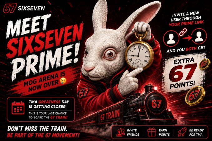 Promotional poster for 'SixSeven Prime' featuring an anthropomorphic rabbit in a red jacket holding a pocket watch, advertising an invite system with extra 67 points.