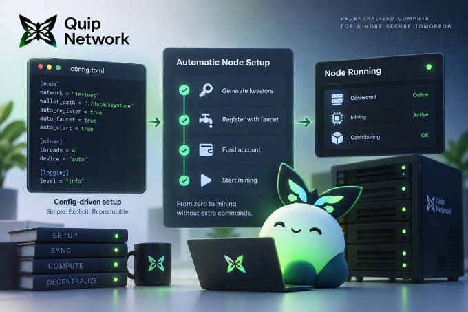 A promotional graphic for 'Quip Network' showing an automatic node setup process via a 'config.toml' file, leading to a running node with status indicators for Connected, Mining, and Contributing, accompanied by a cute green mascot character and a server rack.