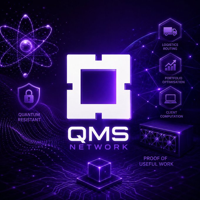 Promotional graphic for 'QMS NETWORK' with a glowing white microchip logo against a purple space-themed background. Surrounding icons advertise features like 'QUANTUM RESISTANT', 'LOGISTICS ROUTING', 'PORTFOLIO OPTIMISATION', 'CLIENT COMPUTATION', and 'PROOF OF USEFUL WORK'.