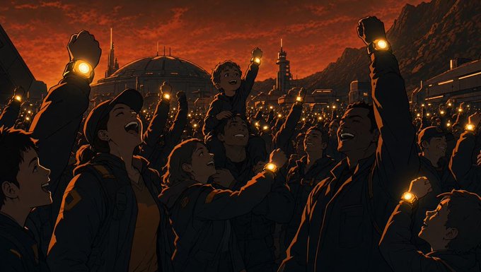 A diverse crowd cheers beneath a fiery orange sky, with one child hoisted on shoulders, all holding glowing orbs and raising their fists in celebration. A futuristic domed colony glows in the background among rocky red terrain, visually capturing the shared excitement of "Let's go to Mars together!"