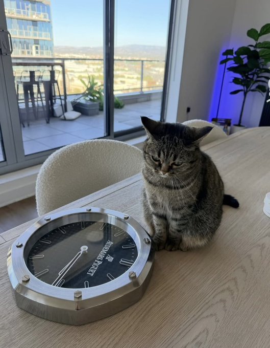 A cat sits next to an Audemars Piguet clock, likely referencing the time remaining for a giveaway or trade. This complements the post's mention of "$SOL" and "1.5".