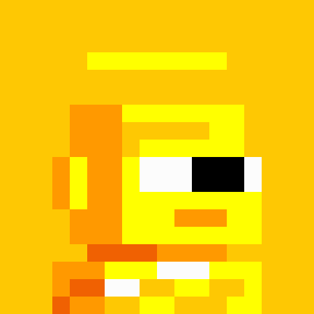 Pixel art character featuring a yellow figure with a halo against a solid yellow background.