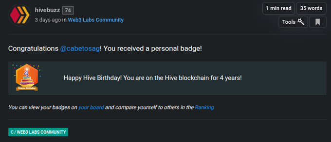 A Hive blockchain notification from hivebuzz congratulating user @cabetosag on receiving a 'Happy Hive Birthday' badge for 4 years on the Hive blockchain.