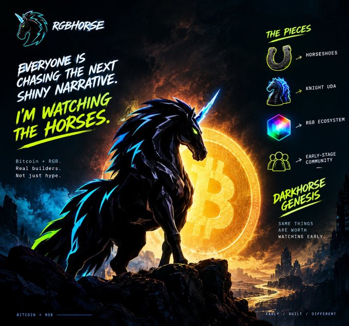 A promotional graphic for 'RGBHORSE' featuring a black unicorn with blue accents against a Bitcoin logo background, with text reading 'Everyone is chasing the next shiny narrative. I'm watching the horses.' and 'Bitcoin + RGB. Real builders. Not just hype.'