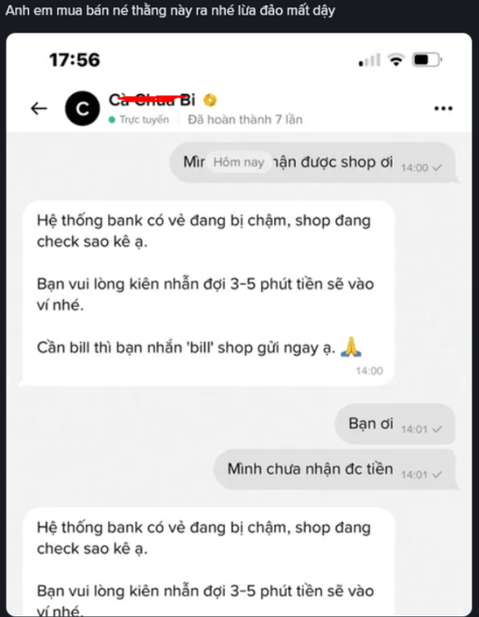 A Vietnamese messenger chat with 'Cá_Chad Bi' (completed 7 orders) discussing payment delays, with the shop stating the bank system is slow and asking for patience for 3-5 minutes for payment to arrive.