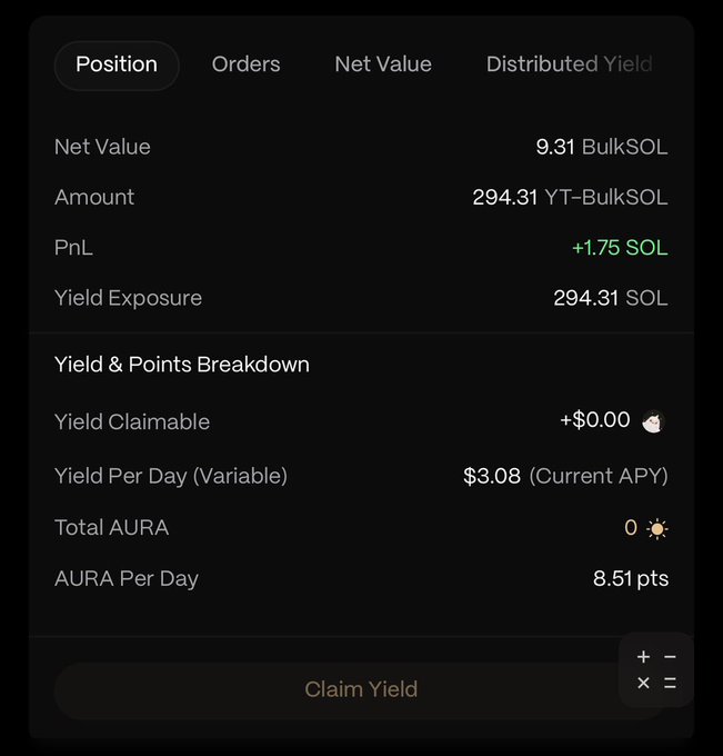 A crypto DeFi yield dashboard showing a position in BulkSOL with a net value of 9.31 BulkSOL, PnL of +1.75 SOL, and yield details including $3.08 per day.