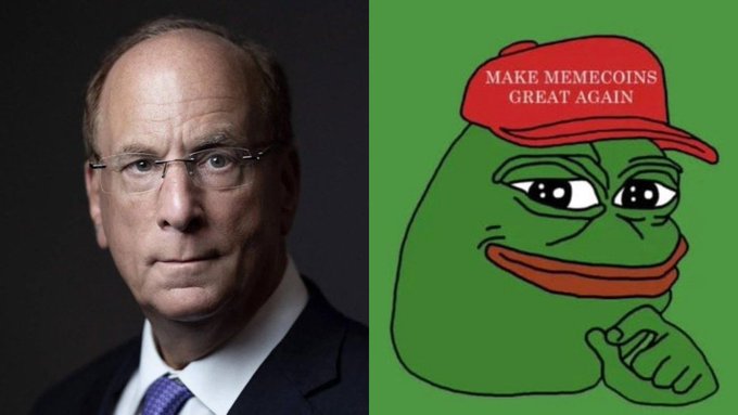 A professional photo of BlackRock CEO Larry Fink (left) sits beside a Pepe the Frog meme character wearing a red "MAKE MEMECOINS GREAT AGAIN" hat (right), visually linking BlackRock's rumored filing for an official $PEPE Spot ETF to the popular memecoin.
