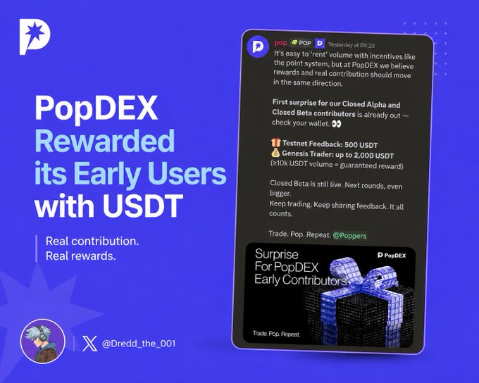 A promotional graphic for PopDEX announces they are rewarding early users with USDT, featuring details on testnet feedback and genesis trader rewards alongside a Discord announcement.