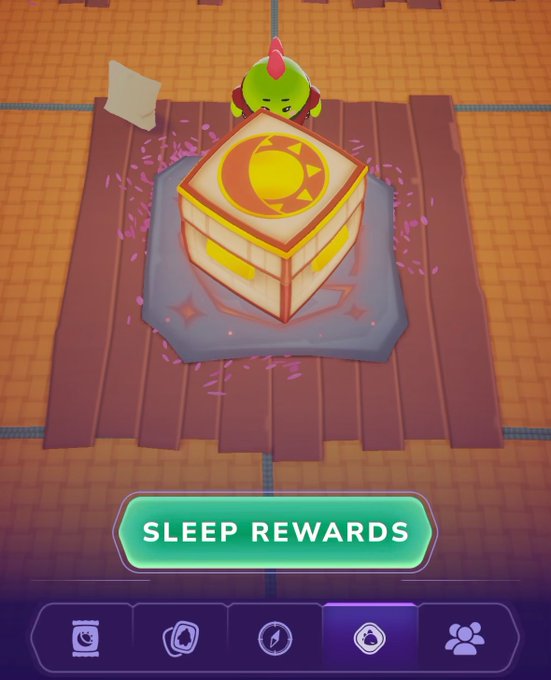 A mobile game screenshot showing a glowing treasure chest on a wooden platform with a small green creature behind it and a 'SLEEP REWARDS' button displayed.