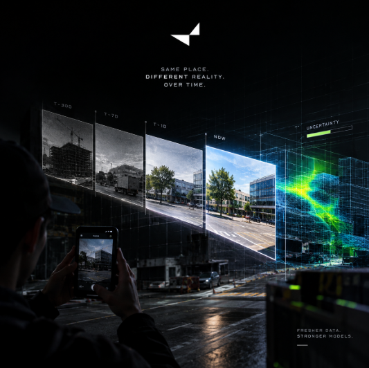 A futuristic graphic shows a person photographing a street scene that transitions across holographic screens labeled 'T-300', 'T-70', 'T-10', and 'NOW', with the text 'GAME PLACE. DIFFERENT REALITY. OVER TIME.' and 'PRIORITY DATA. STRONGER MODELS.'