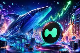A vibrant digital artwork featuring a whale, cityscape elements, and cryptocurrency charts, centered around a black circle with a green Hypelabs logo and the text 'tinycatcoins.com'.