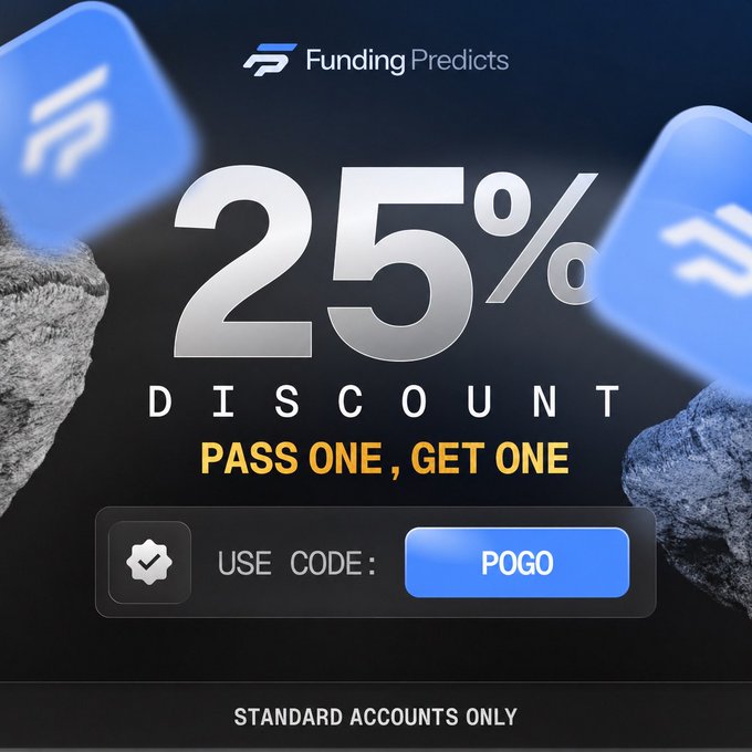 The image is a promotional graphic for Funding Predicts advertising a 25% discount on a "Pass One, Get One" deal with the code "POGO" (standard accounts only). It relates to the post by visually promoting the giveaway, as the discounted passes likely correspond to the $50K evaluation accounts being offered to 5 winners.